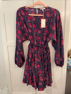 Skies Are Blue Navy Floral Long Sleeve Dress with Red Accents